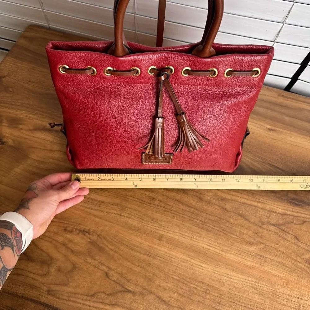 Dooney & Bourke Wakefield Tassel Tote Bag Red Brown Trim Pebble Leather